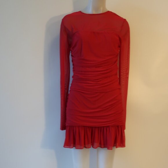 Amanda Uprichard Dresses & Skirts - NWT Womens Amanda Uprichard Red Mesh Long Sleeve Ruched Dress L
